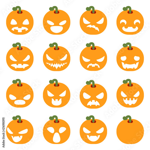 Simple halloween pumpkin decoration scary faces smile emoji icons set isolated flat design vector illustration