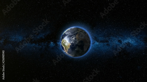 Realistic Earth Planet  rotating on its axis in space against the background of the Milky Way star sky. Astronomy and science concept. Continents and oceans. Elements of image furnished by NASA