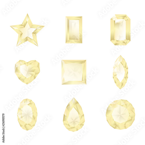 Set of white gemstones. Vector illustration of diamonds different cutting of stones shaped heart, star, square, rectangle, oval, round, marquise, pear, drop