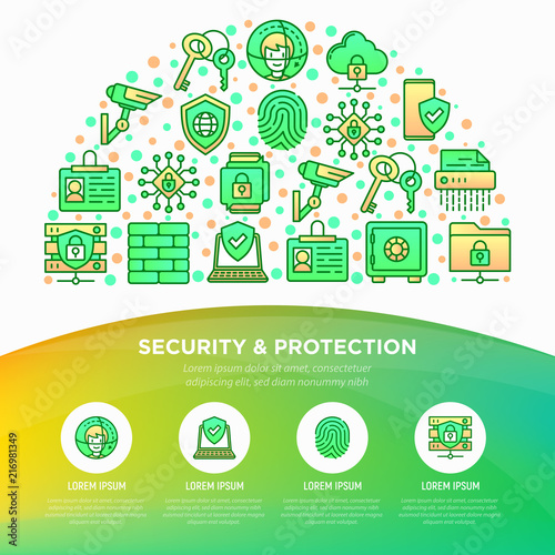 Security and protection concept in half circle with thin line icons: mobile security, fingerprint, firewall, face ID, secure folder, surveillance camera, encrypted messaging. Vector illustration.