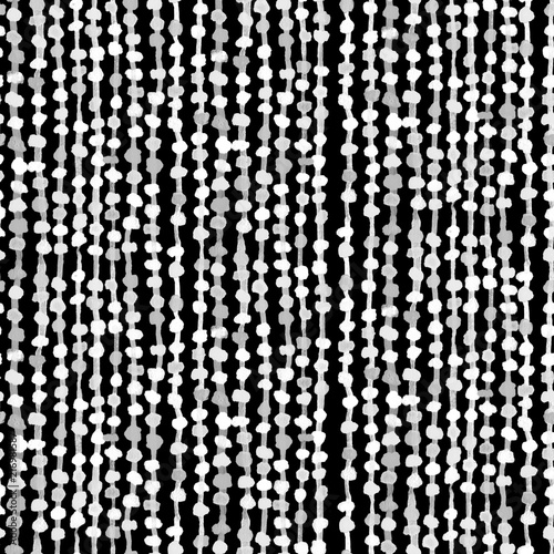 Seamless watercolour abstract pattern. Thin thread with small grey beads. Repeating texture with circles on black for fabric, textile, craft