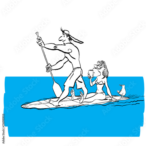 Couple doing Stand Up Paddling on Paddle Board on Water at Seaside.