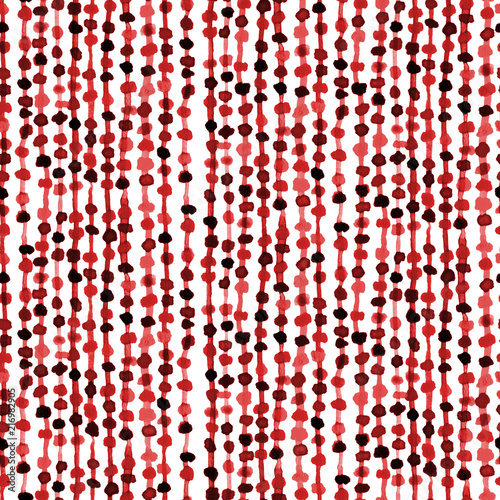 Seamless watercolour abstract pattern. Thin thread with small red beads. Repeating texture with circles for fabric, textile, craft