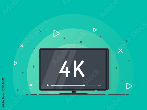 Flat screen tv with 4k Ultra HD video technology. LED television display on green background with high definition digital tech symbol. Vector Illustration.