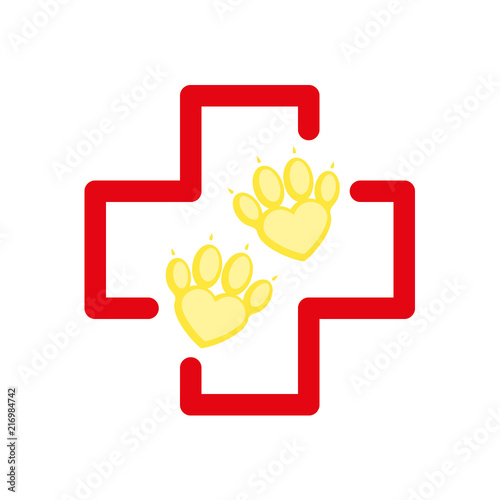 Pet First Aid. Red cross and paw as heart. Vet hospital logotype. Flat cartoon style