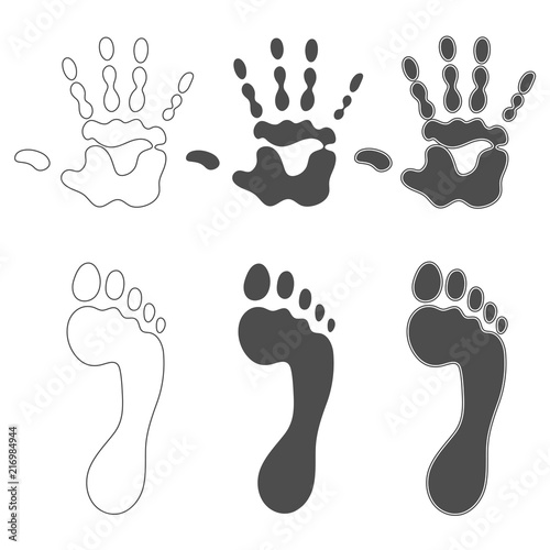 Set of black and white illustrations with prints of hands and feet. Isolated vector objects on white background.