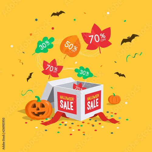 Special Halloween sale symbol with gift, flying colorful leaves, confetti and bats isolated on yellow background. Easy to use for your design with transparent shadows.