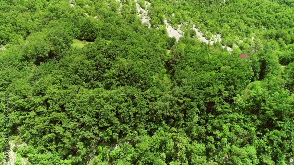 Aerial view of a person crossing the forest through a large zip line cable. Aerial view of a person crossing the forest through a large zip line cable.