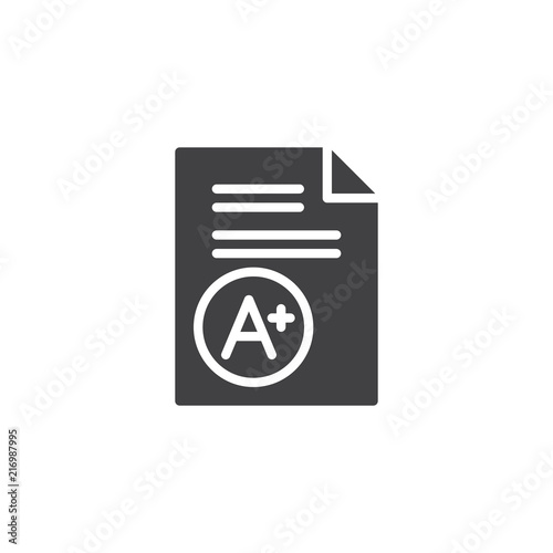 Exam sheet with A plus grade vector icon. filled flat sign for mobile concept and web design. Education simple solid icon. Symbol, logo illustration. Pixel perfect vector graphics