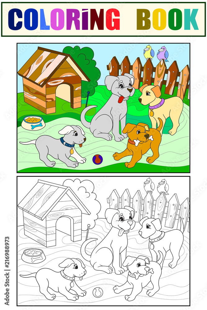 Fototapeta premium Childrens color and coloring book cartoon family on nature. Mom dog and puppies children