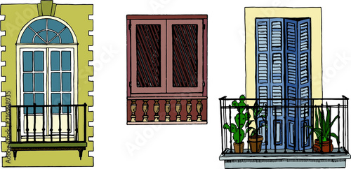 Set of various types of vintage balconies and window with shutters