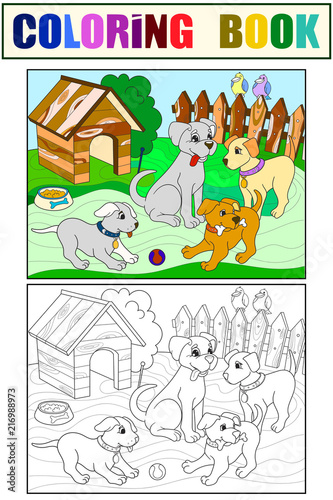 Childrens color and coloring book cartoon family on nature. Mom dog and puppies children