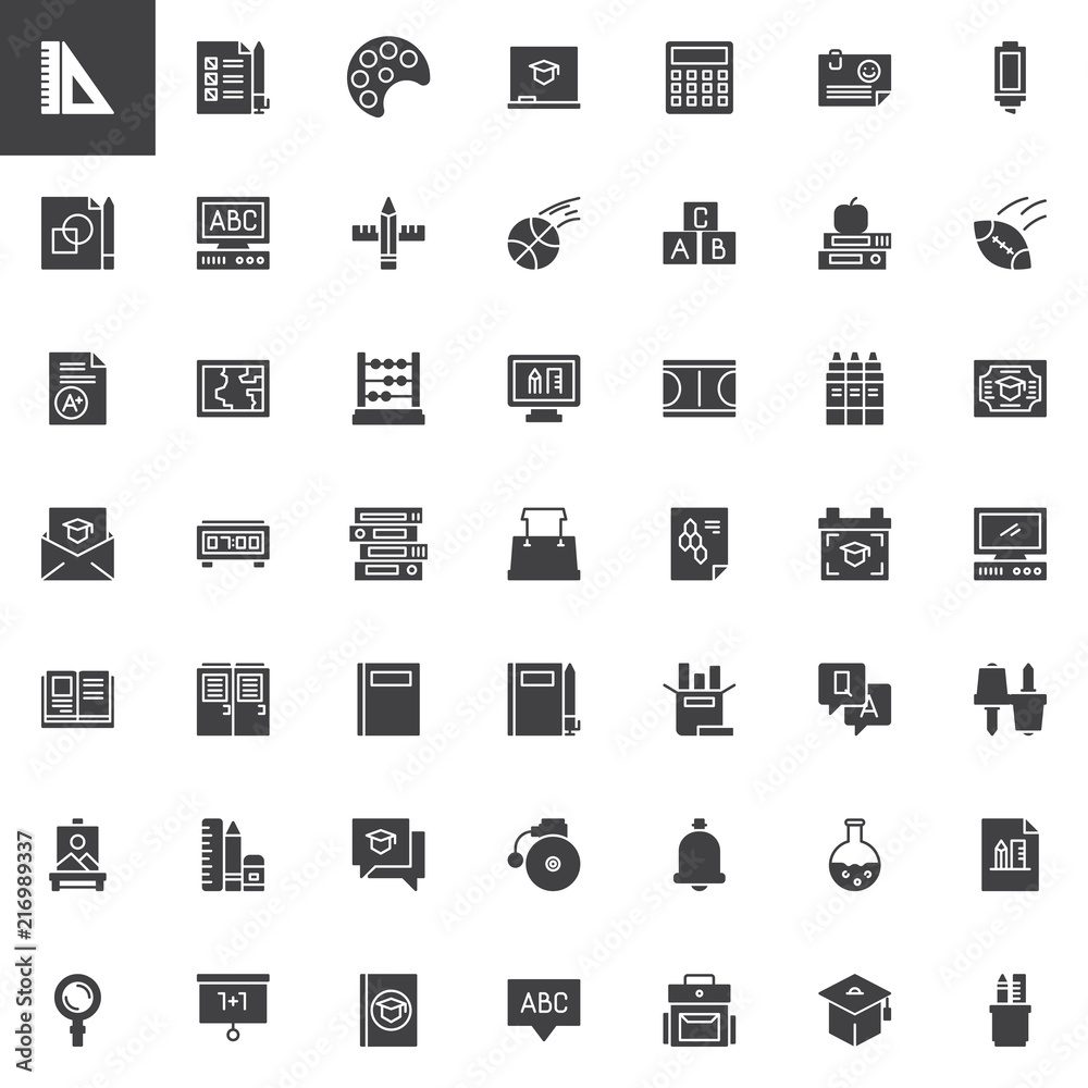 Back to school vector icons set, modern solid symbol collection, filled style pictogram pack. Signs, logo illustration. Set includes icons as Ruler, Testing, Art, Chalkboard, Calculator, Computer Back to school vector icons set, modern solid symbol collection, filled style pictogram pack. Signs, logo illustration. Set includes icons as Ruler, Testing, Art, Chalkboard, Calculator, Computer
