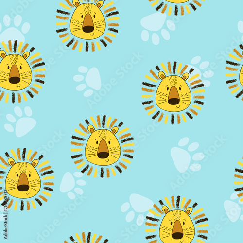 Seamless childish pattern with cute lion heads and paws.