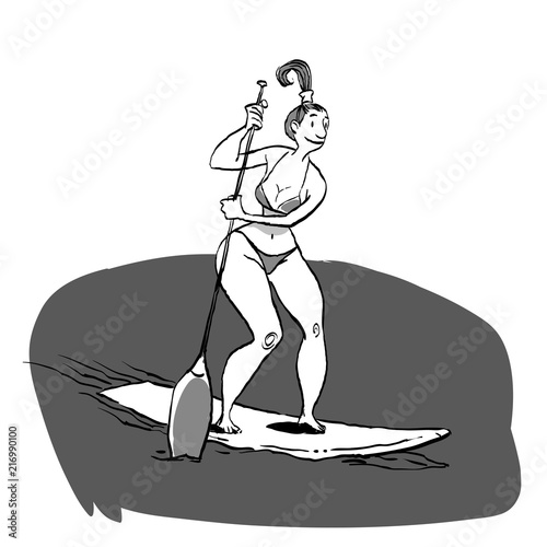 Woman doing Stand Up Paddling on Paddle Board on Water at Seaside.