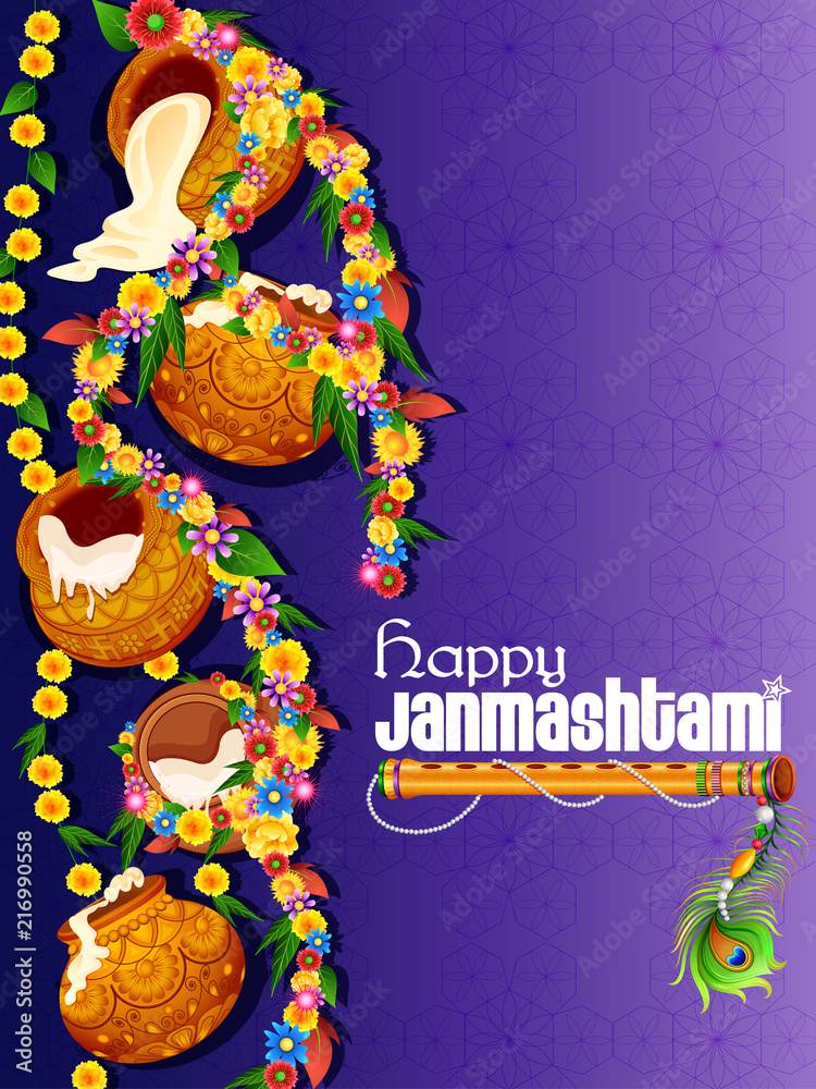 Naklejka premium Happy Krishna Janmashtami background with pot of cream Dahi Handi 