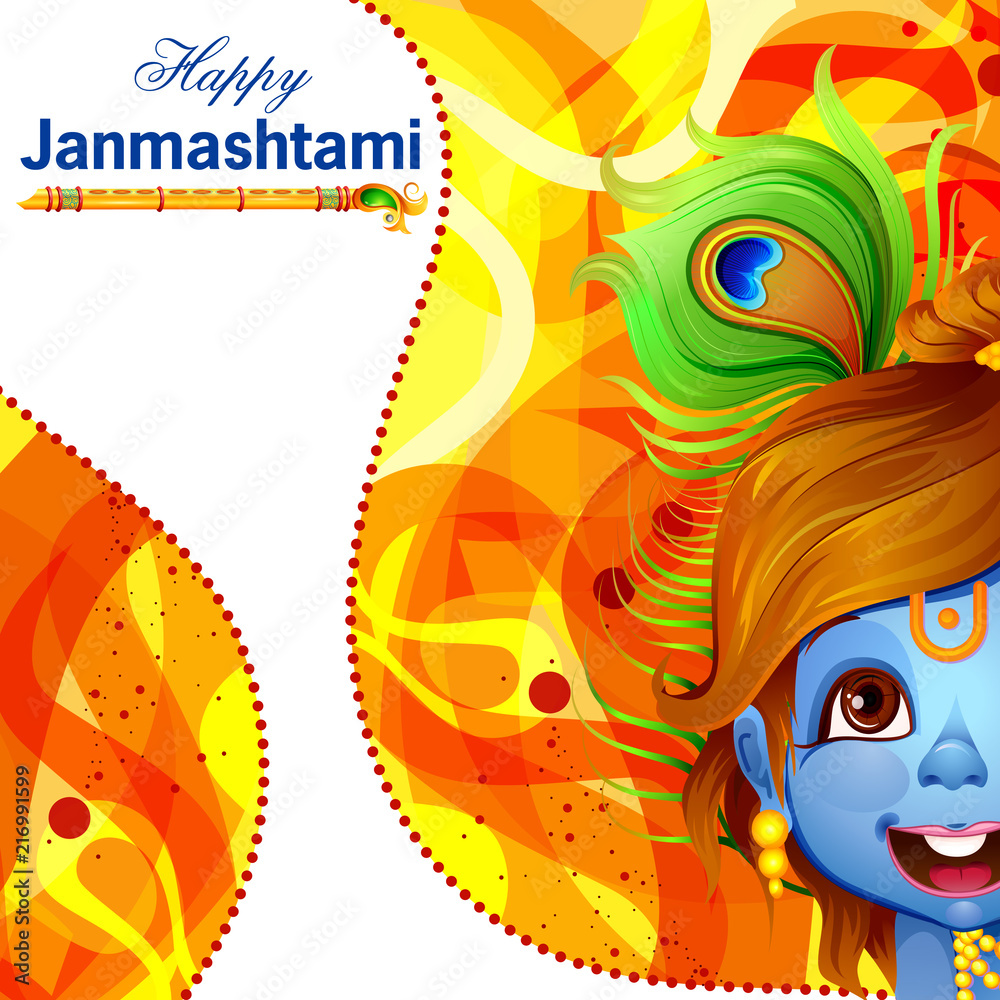 Krishna with flute on Happy Janmashtami background