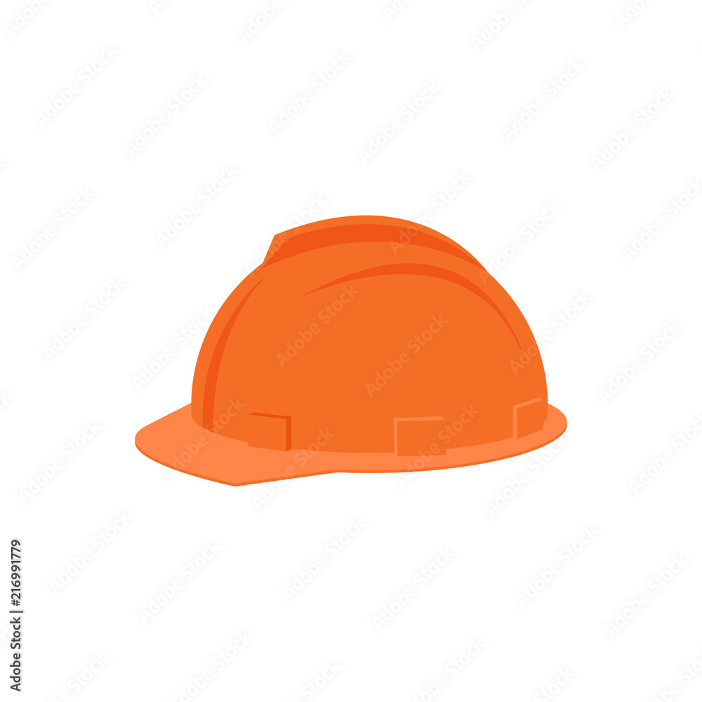 Flat vector icon of plastic orange helmet for construction worker. Protective headgear. Industrial equipment for personal safety