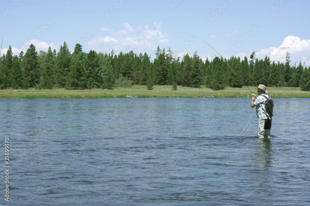 Fly fisherman catching fish in river