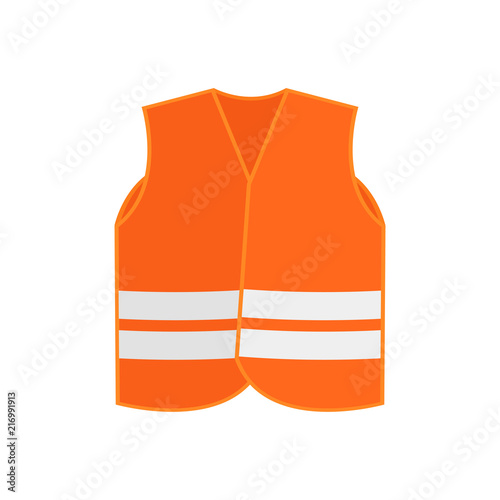 Flat vector icon of orange safety vest waistcoat with two reflective stripes. High-visibility clothing. Protective wear for workers