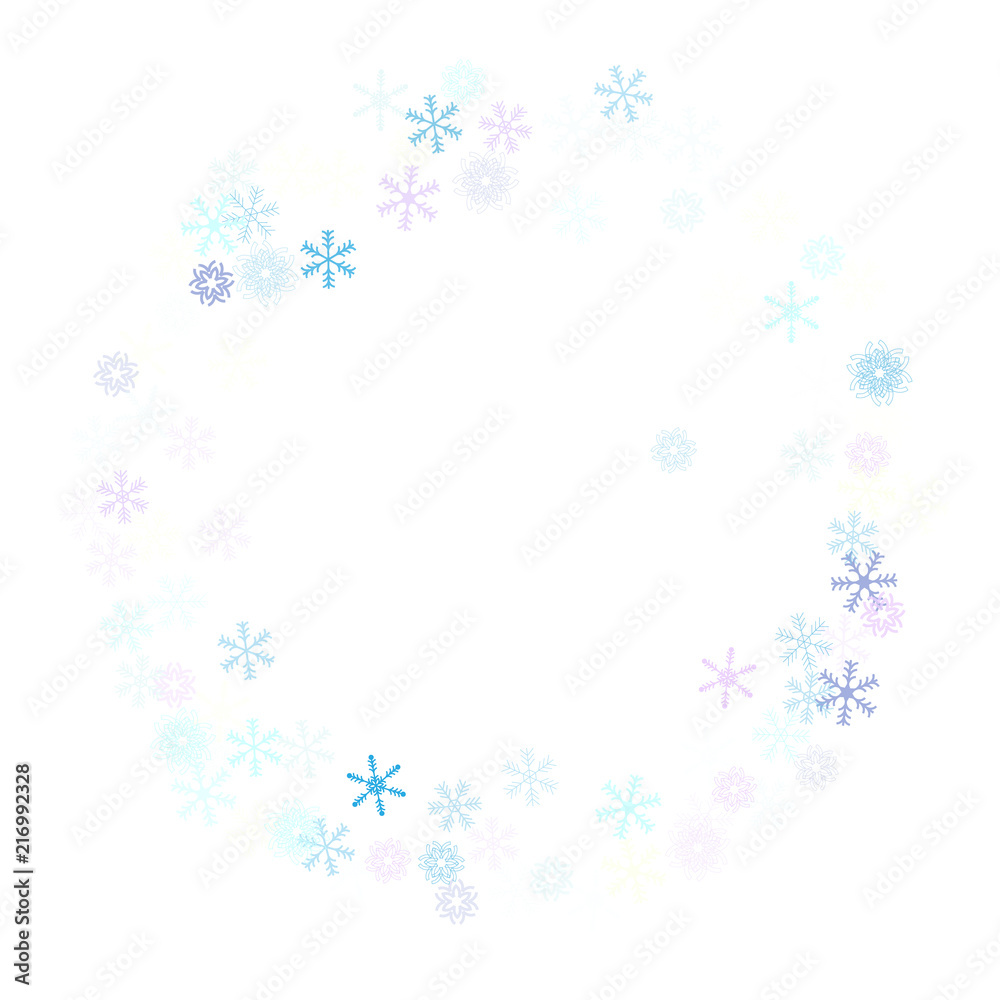 Falling down snow confetti, snowflake vector border. Festive winter, Christmas, New Year sale background. Cold weather, winter storm, scatter texture. Hipster snowfall falling snowflakes cool confetti
