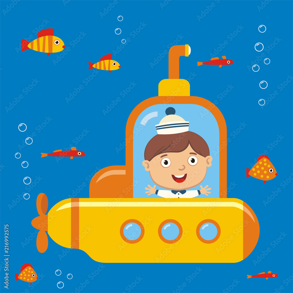 Vector illustration of little boy swimming in yellow submarine in cartoon  style. Stock Vector | Adobe Stock
