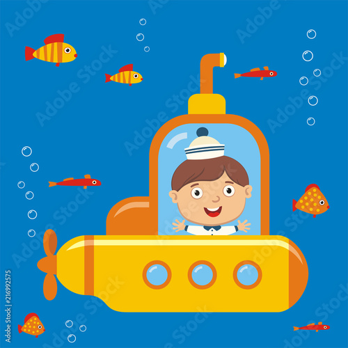 Vector illustration of little boy swimming in yellow submarine in cartoon style.