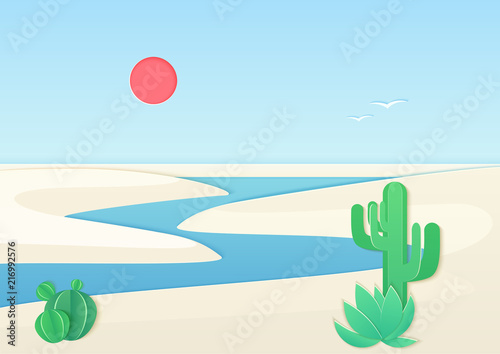 White sand desert landscape with oasis river. Vector gradient color illustration. photo