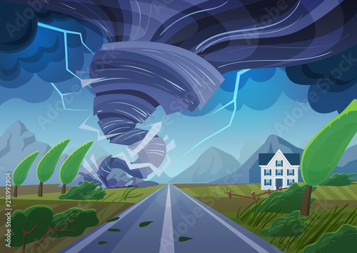 Twisting tornado over road destroying civil building. Hurricane storm in countryside landscape. Natural Disaster waterspout in field vector illustration.