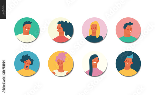 Bright people portraits set - hand drawn flat style vector design concept illustration of young men and women, male and female faces avatars. Flat style vector round icons set