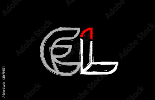grunge white red black alphabet letter el e l logo design