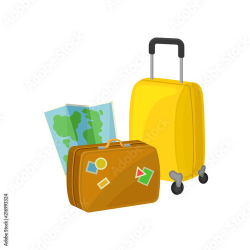 Vintage suitcase with stickers, travel bag on wheels and paper map. Luggage for adventure. Journey or vacation theme. Flat vector design