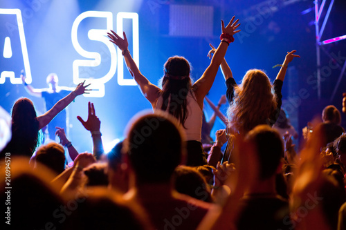 cheering crowd with raised hands at concert - music festival