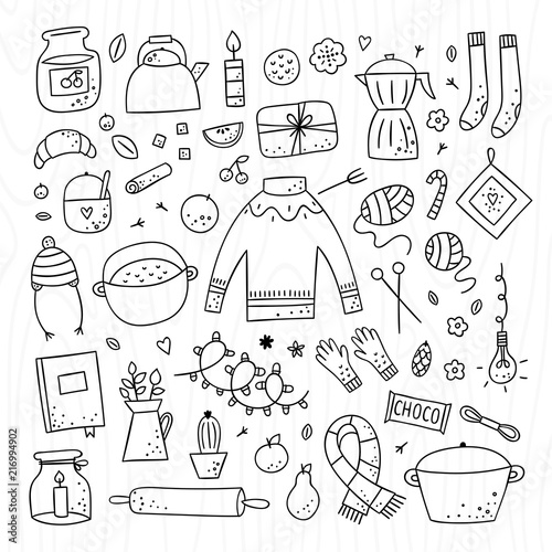 Hygge elements and objects cute hand drawn set. Outline doodle illustrations with interior details and symbols