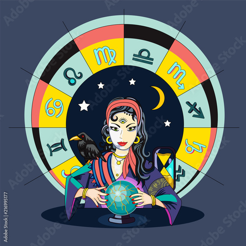 The oracle girl predicts the future on a magic ball vector illustration