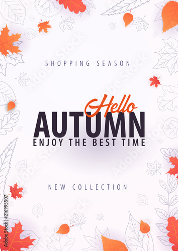 Autumn Background with leaves for shopping sale or promo poster and frame leaflet or web banner. Vector illustration template.