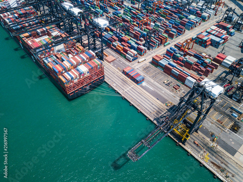 Drone fly over container terminal port in Hong Kong