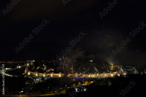 night views of fireworks in the city of Avila in Spain  medieval walled city perfectly preserved  