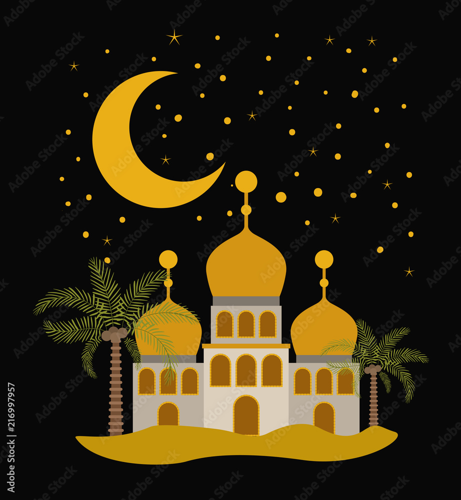 eid mubarak card with moon and castles vector illustration design