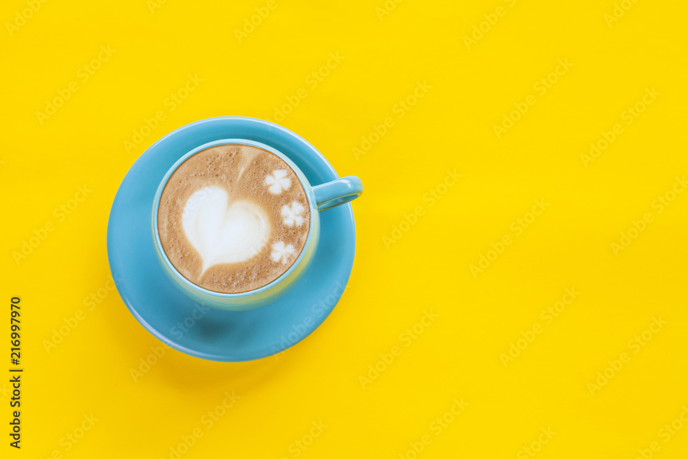 Hot Coffee Latte Art Heart on color background. Hot Coffee Latte Art Heart on color background.