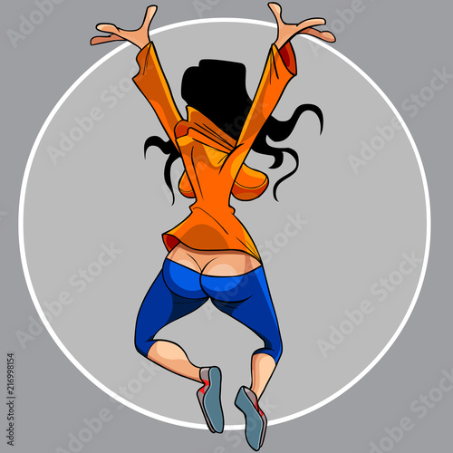 cartoon woman happily jumps in a funny pose