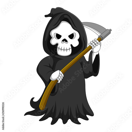 Cute cartoon grim reaper with scythe 