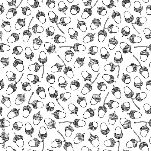 Seamless Endless Pattern of Brown Acorns. Autumn or Fall Vegetable Harvest Collection. Realistic Hand Drawn High Quality Vector Illustration. Doodle Style. photo