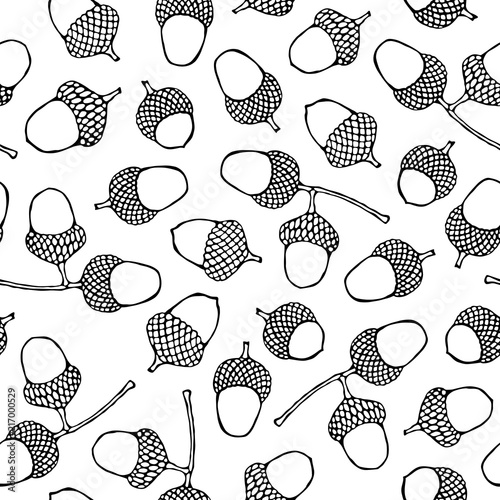 Seamless Endless Pattern of Brown Acorns. Autumn or Fall Vegetable Harvest Collection. Realistic Hand Drawn High Quality Vector Illustration. Doodle Style. photo