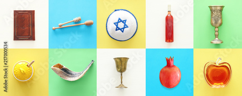 Rosh hashanah (jewish New Year holiday) collage concept. Traditional symbols.