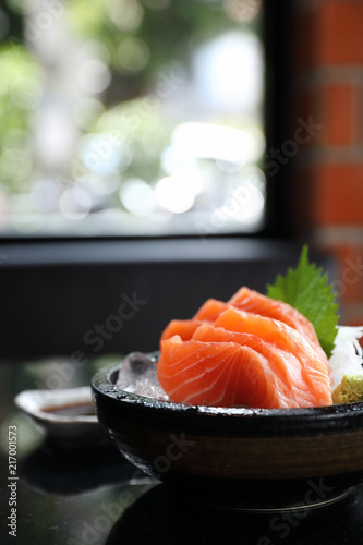 Salmon sashimi on ice Japanese food