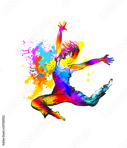 Dancing girl with color splashes on white background. Vector illustration