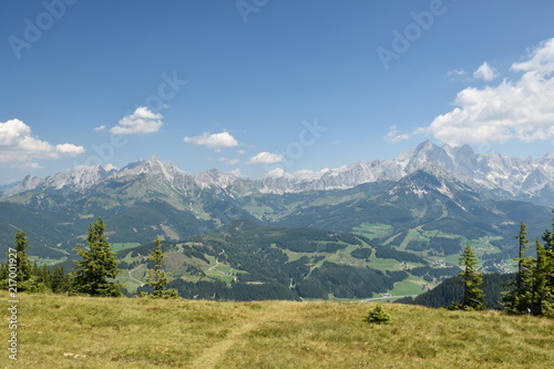 View on Dachstein Mountain, Bischofsmuetze, Filmoos region, Salzkammergut, 