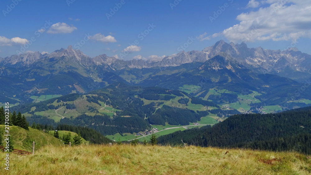 View on Dachstein Mountain, Bischofsmuetze, Filmoos region, Salzkammergut, View on Dachstein 