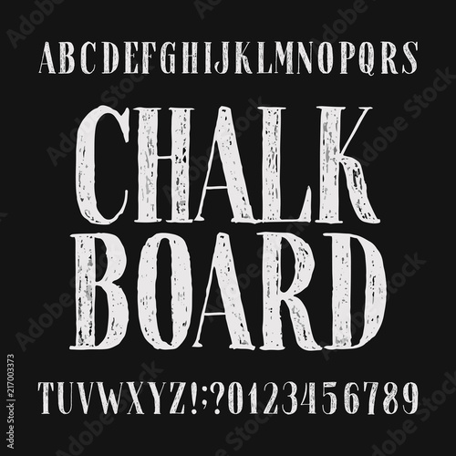 Chalk board alphabet font. Hand drawn distressed letters, numbers and symbols. Stock vector typeface.